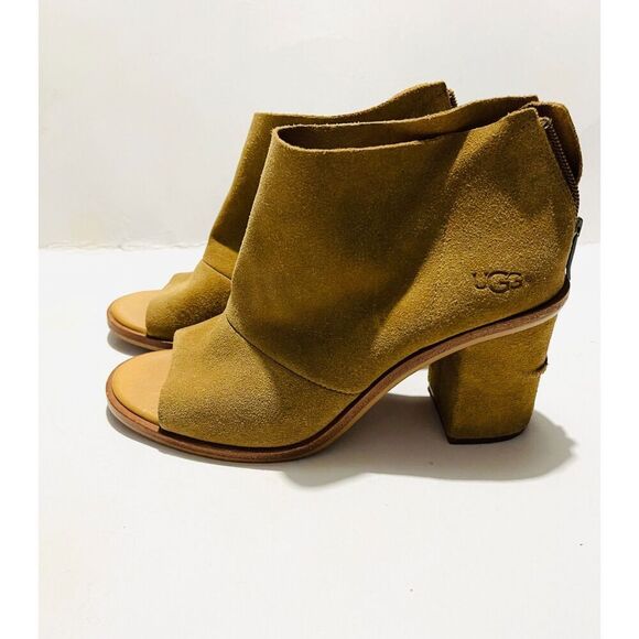 UGG leather shoes open peep toe boots Ginger brown booties Zip up women's 7 - Picture 3 of 11